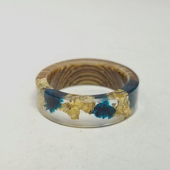 Vintage Resin and Wood Band, Blue and Gold Tone, Size 7 Ring, Stacking - Picture 1 of 6